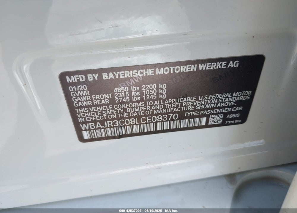 2020 BMW 530I VIN: WBAJR3C08LCE08370