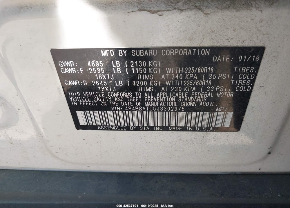 2018 SUBARU OUTBACK 2.5I TOURING VIN: 4S4BSATC5J3302975