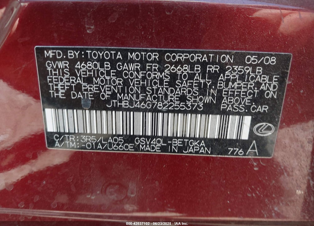 2008 LEXUS ES 350 VIN: JTHBJ46G782255373