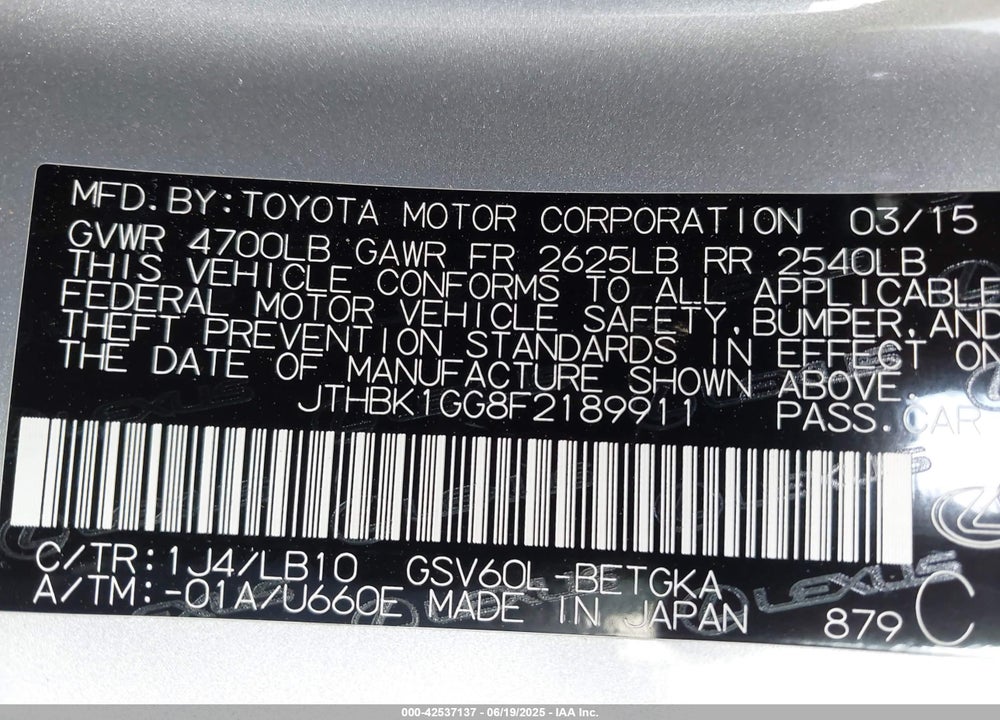 2015 LEXUS ES 350 VIN: JTHBK1GG8F2189911