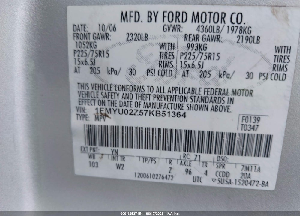 2007 FORD ESCAPE VIN: 1FMYU02Z57KB51364