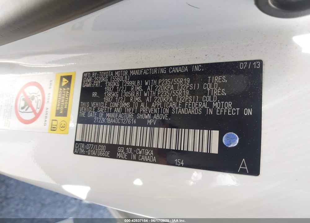 2013 LEXUS RX 350 VIN: 2T2ZK1BA4DC127614