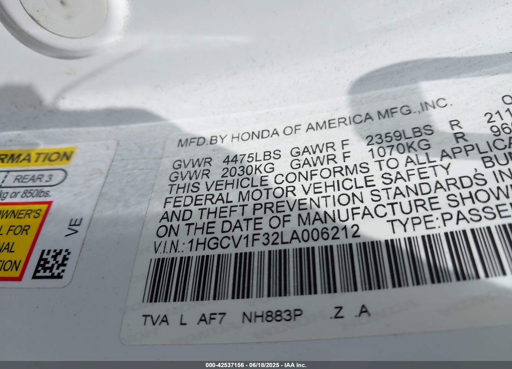 2020 HONDA ACCORD VIN: 1HGCV1F32LA006212