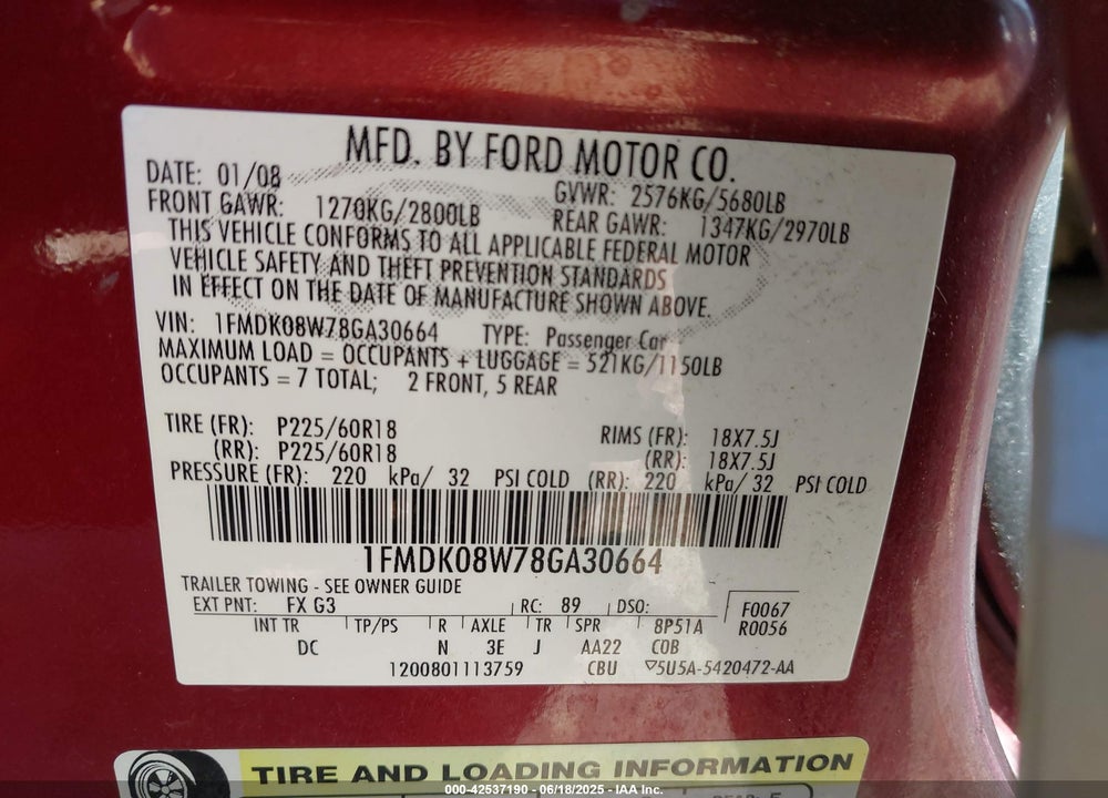 2008 FORD TAURUS X EDDIE BAUER VIN: 1FMDK08W78GA30664