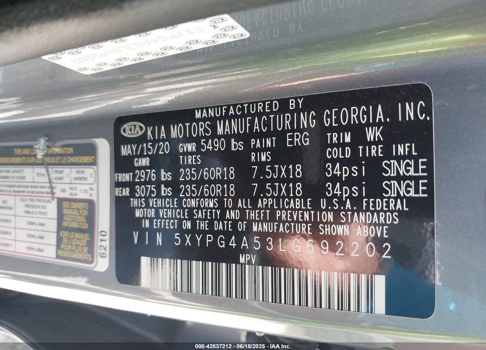 2020 KIA SORENTO VIN: 5XYPG4A53LG692202
