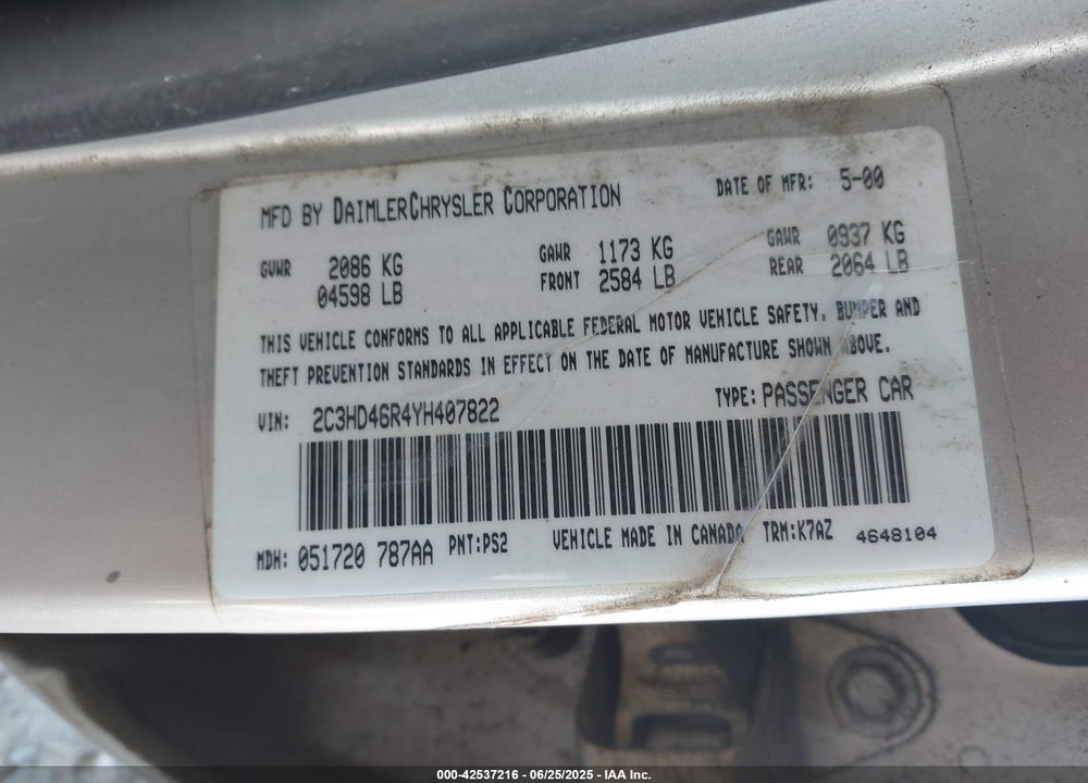 2000 CHRYSLER CONCORDE LX VIN: 2C3HD46R4YH407822