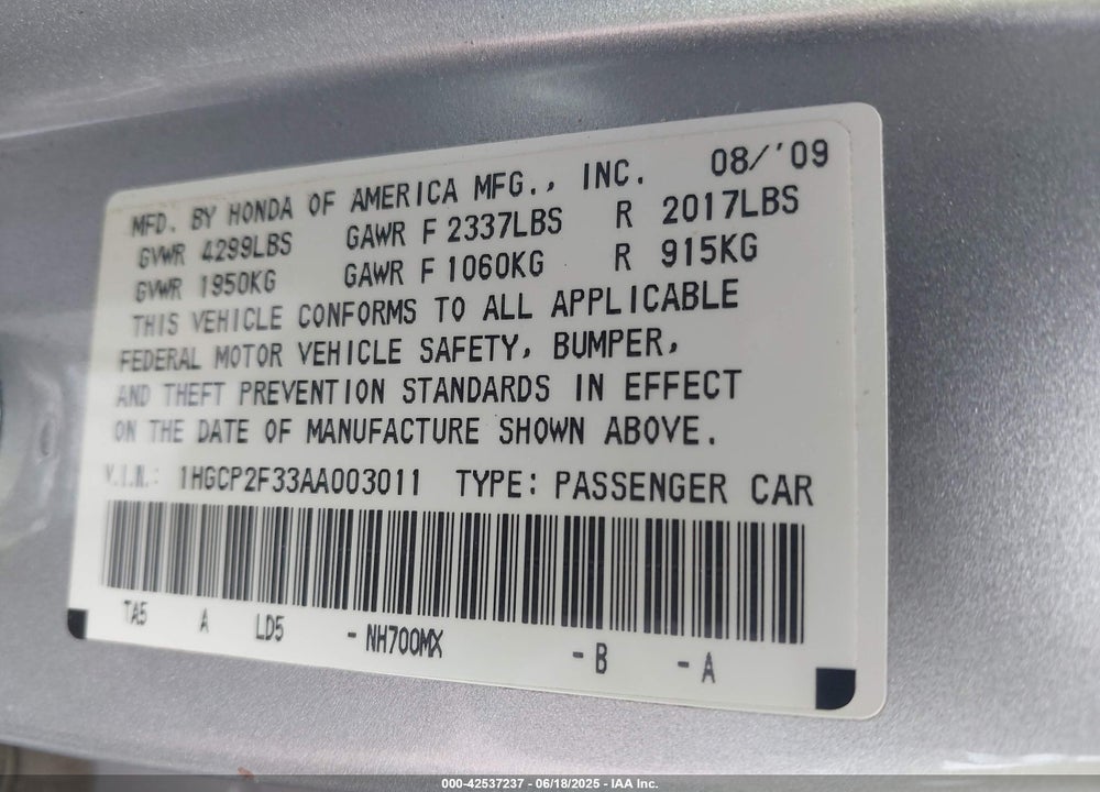 2010 HONDA ACCORD VIN: 1HGCP2F33AA003011