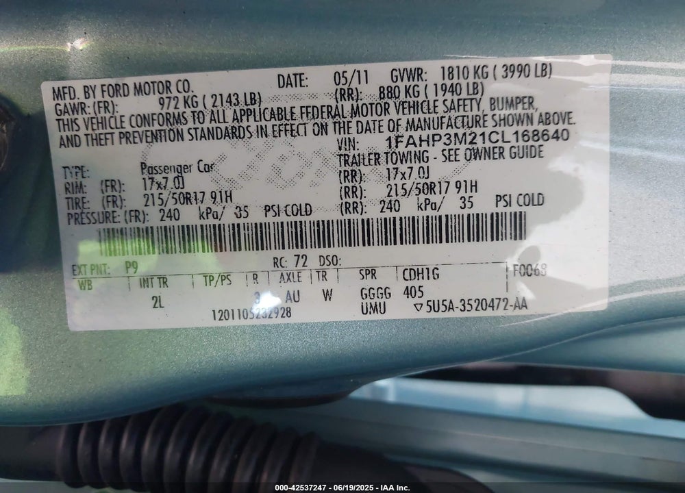 2012 FORD FOCUS VIN: 1FAHP3M21CL168640