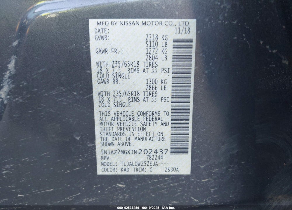 2018 NISSAN MURANO VIN: 5N1AZ2MGXJN202437