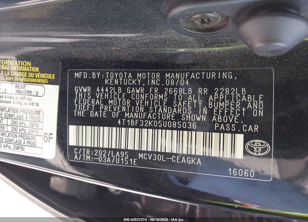 2005 TOYOTA CAMRY XLE V6 VIN: 4T1BF32K05U085036