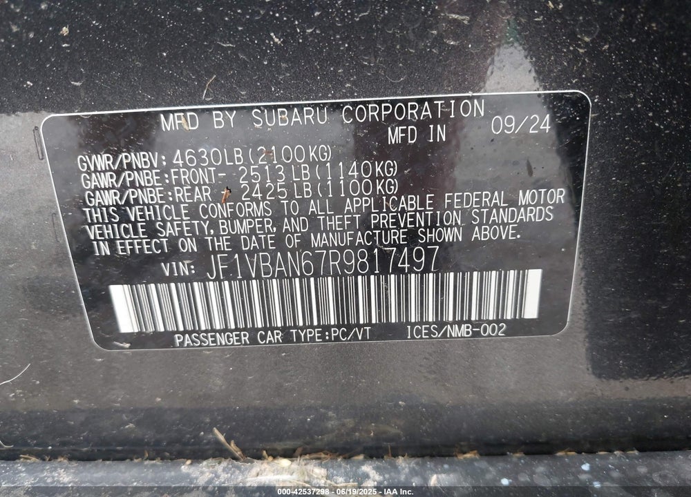 2024 SUBARU WRX LIMITED VIN: JF1VBAN67R9817497