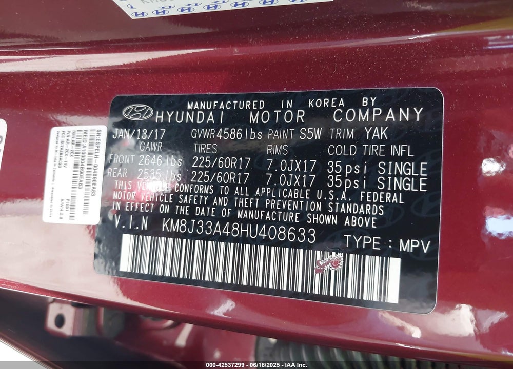 2017 HYUNDAI TUCSON VIN: KM8J33A48HU408633