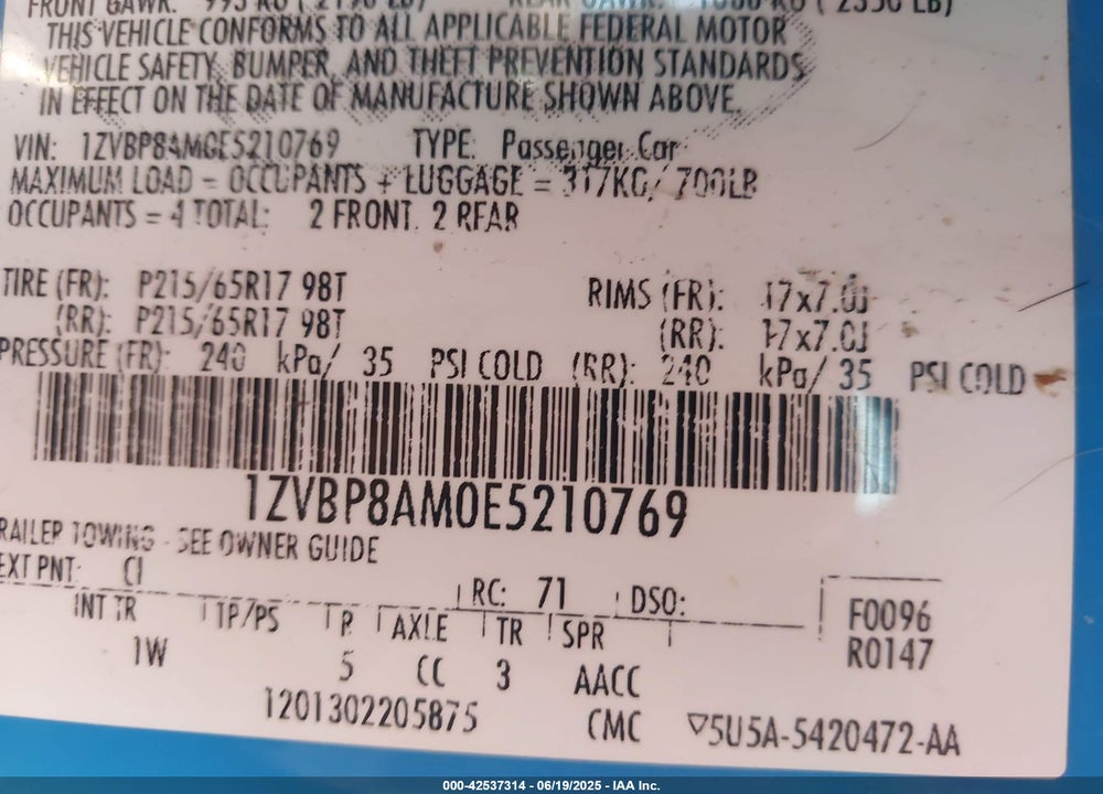 2014 FORD MUSTANG VIN: 1ZVBP8AM0E5210769