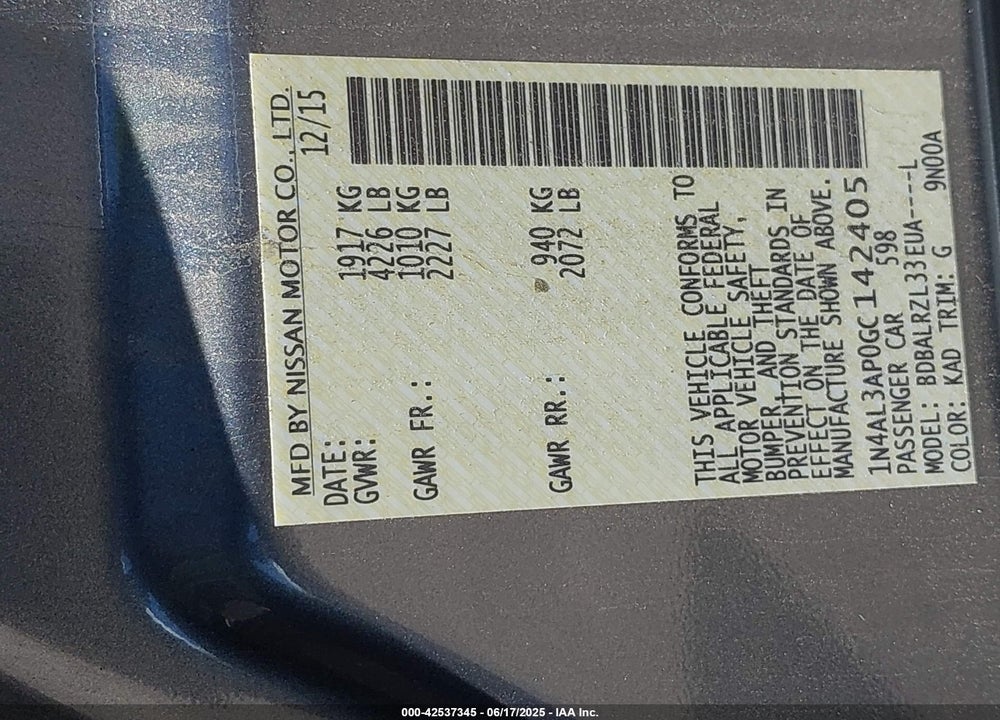 2016 NISSAN ALTIMA VIN: 1N4AL3AP0GC142405