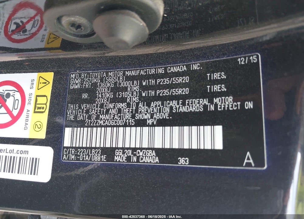 2016 LEXUS RX350 VIN: 2T2ZZMCA0GC007115
