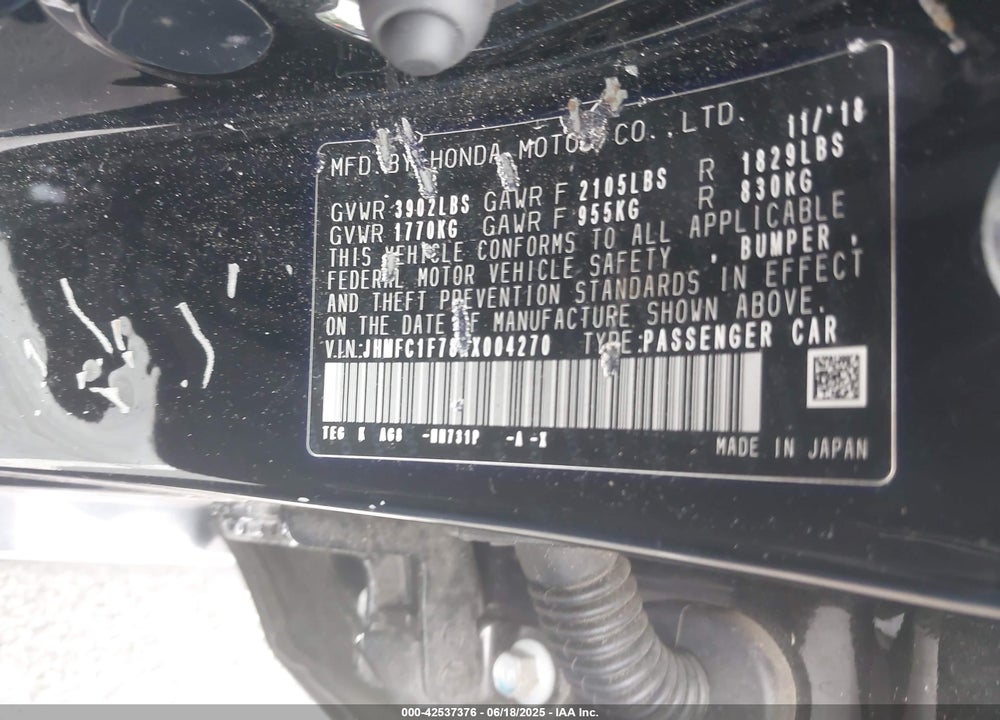 2019 HONDA CIVIC VIN: JHMFC1F78KX004270