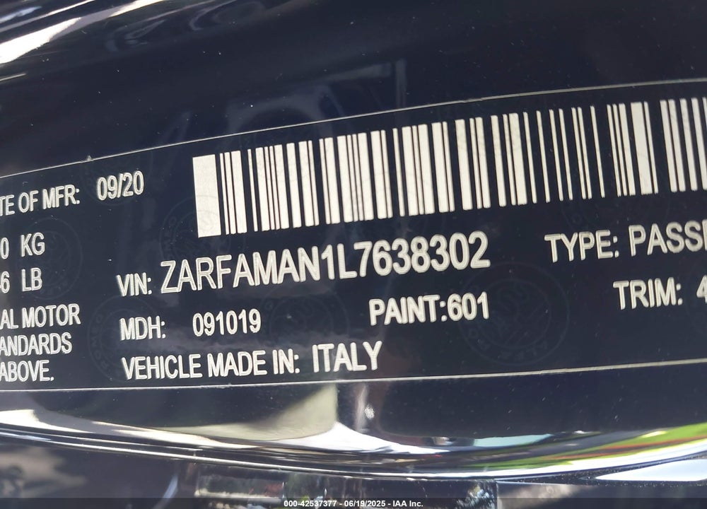 2020 ALFA ROMEO GIULIA VIN: ZARFAMAN1L7638302