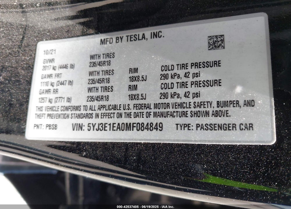 2021 TESLA MODEL 3 VIN: 5YJ3E1EA0MF084849