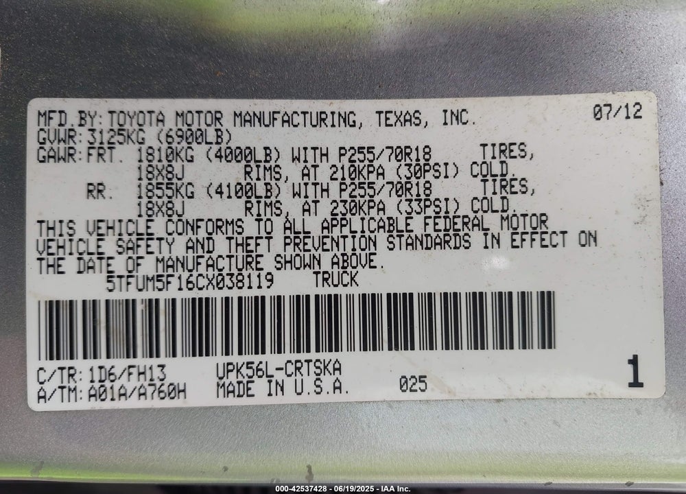 2012 TOYOTA TUNDRA VIN: 5TFUM5F16CX038119