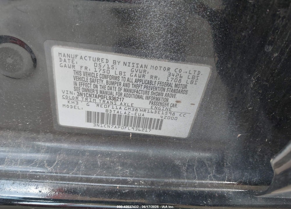 2015 NISSAN VERSA VIN: 3N1CN7AP0FL936217
