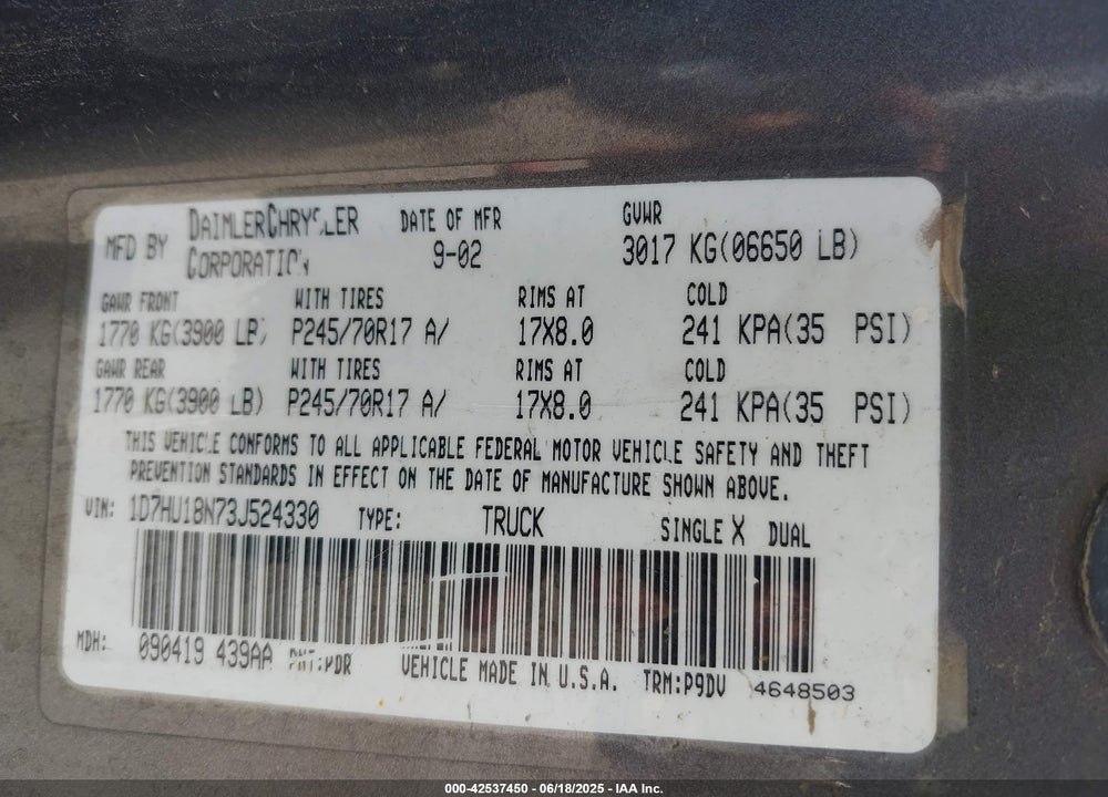 2003 DODGE RAM 1500 SLT/LARAMIE/ST VIN: 1D7HU18N73J524330