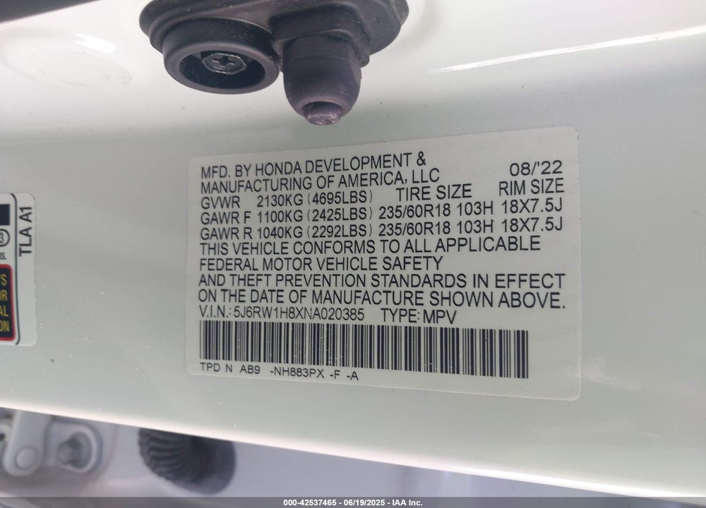 2022 HONDA CR-V VIN: 5J6RW1H8XNA020385