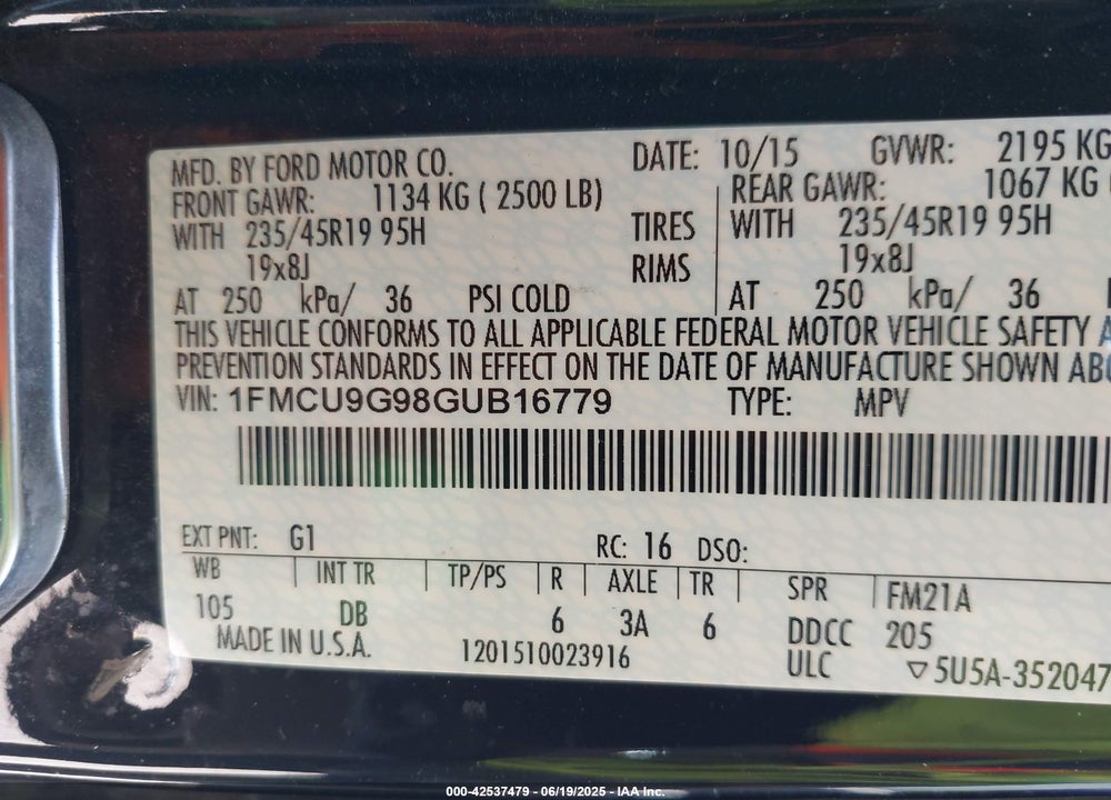2016 FORD ESCAPE SE VIN: 1FMCU9G98GUB16779