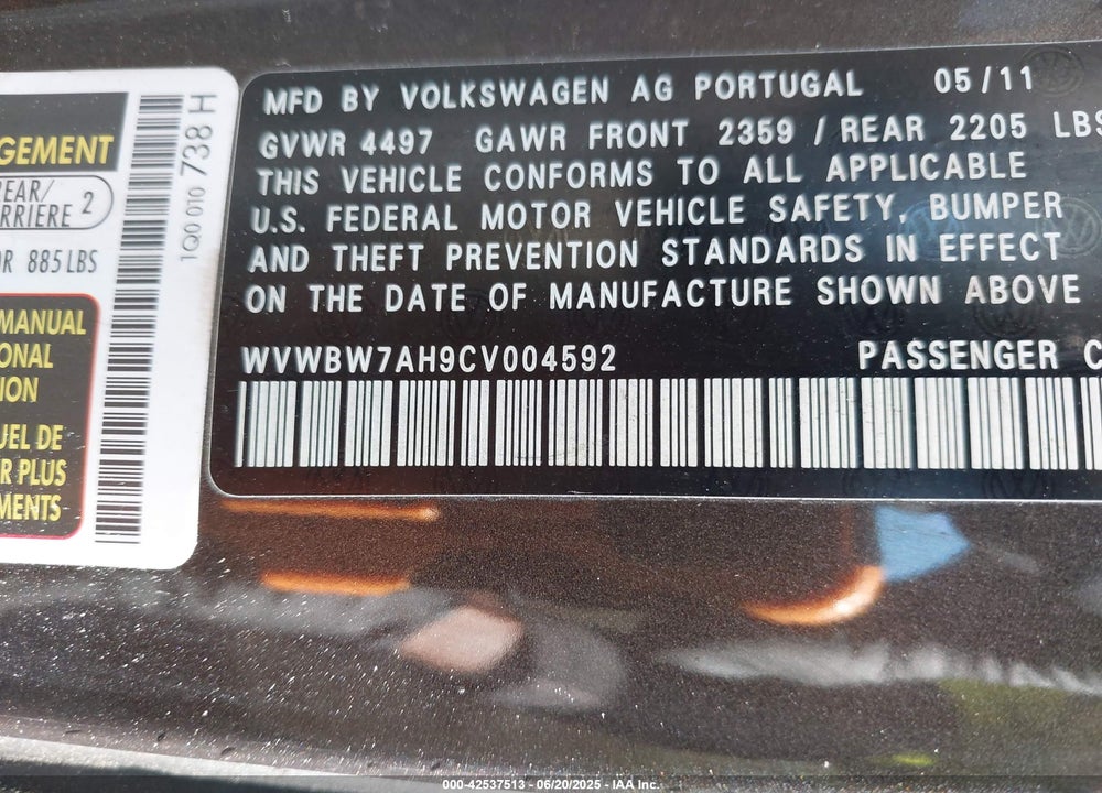 2012 VOLKSWAGEN EOS VIN: WVWBW7AH9CV004592