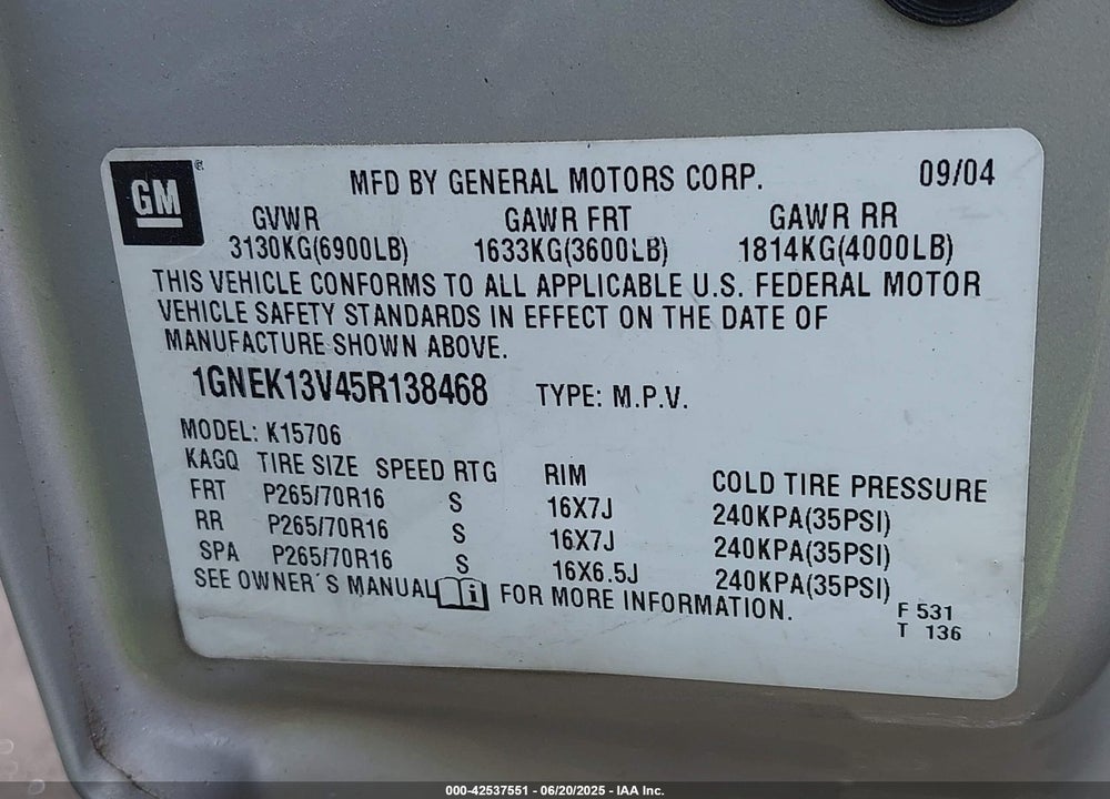 2005 CHEVROLET TAHOE LS VIN: 1GNEK13V45R138468