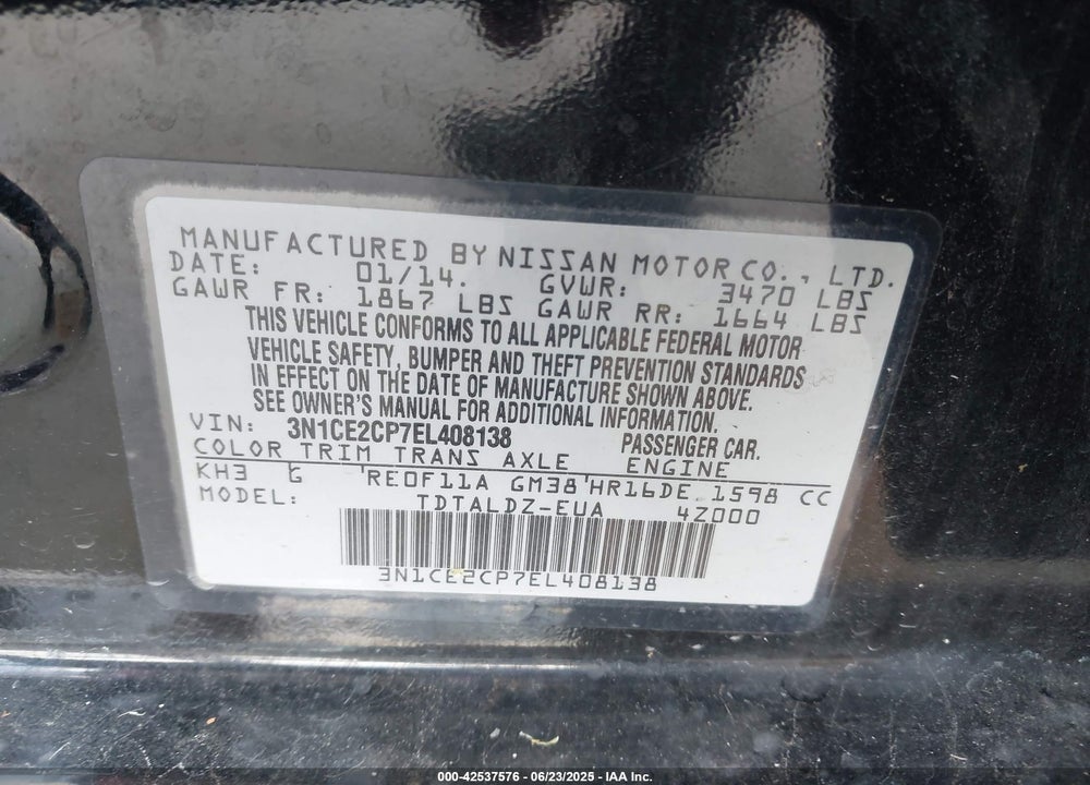 2014 NISSAN VERSA NOTE VIN: 3N1CE2CP7EL408138