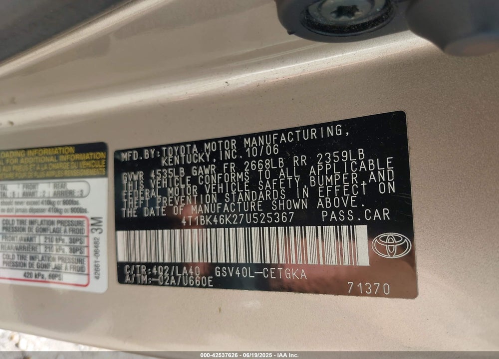 2007 TOYOTA CAMRY XLE V6 VIN: 4T1BK46K27U525367
