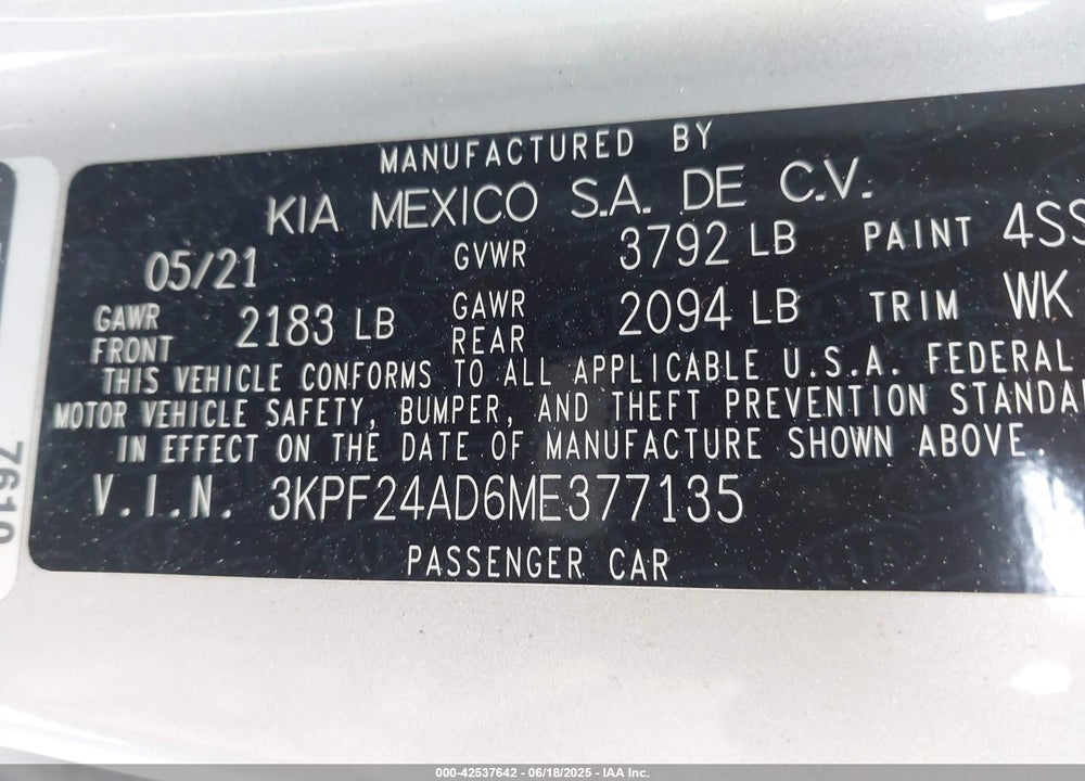 2021 KIA FORTE VIN: 3KPF24AD6ME377135
