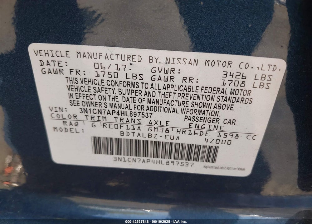 2017 NISSAN VERSA VIN: 3N1CN7AP4HL897537