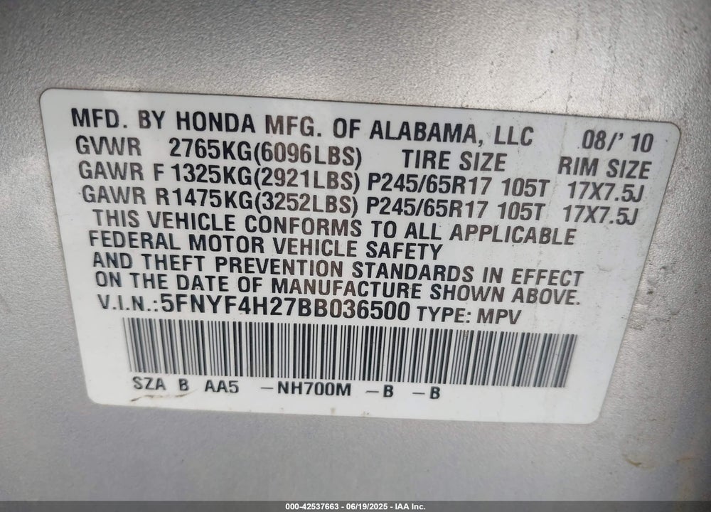2011 HONDA PILOT LX VIN: 5FNYF4H27BB036500
