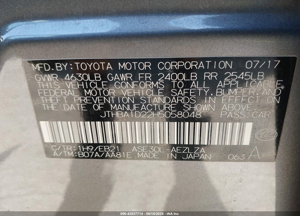 2017 LEXUS IS 200T VIN: JTHBA1D22H5058048