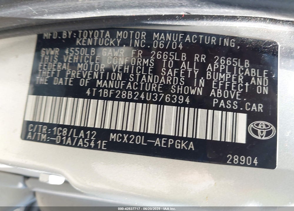 2004 TOYOTA AVALON XLS VIN: 4T1BF28B24U376394