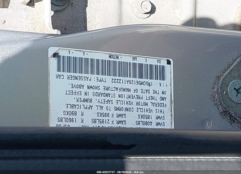 2006 HONDA ACCORD 2.4 VP VIN: 1HGCM56126A112222