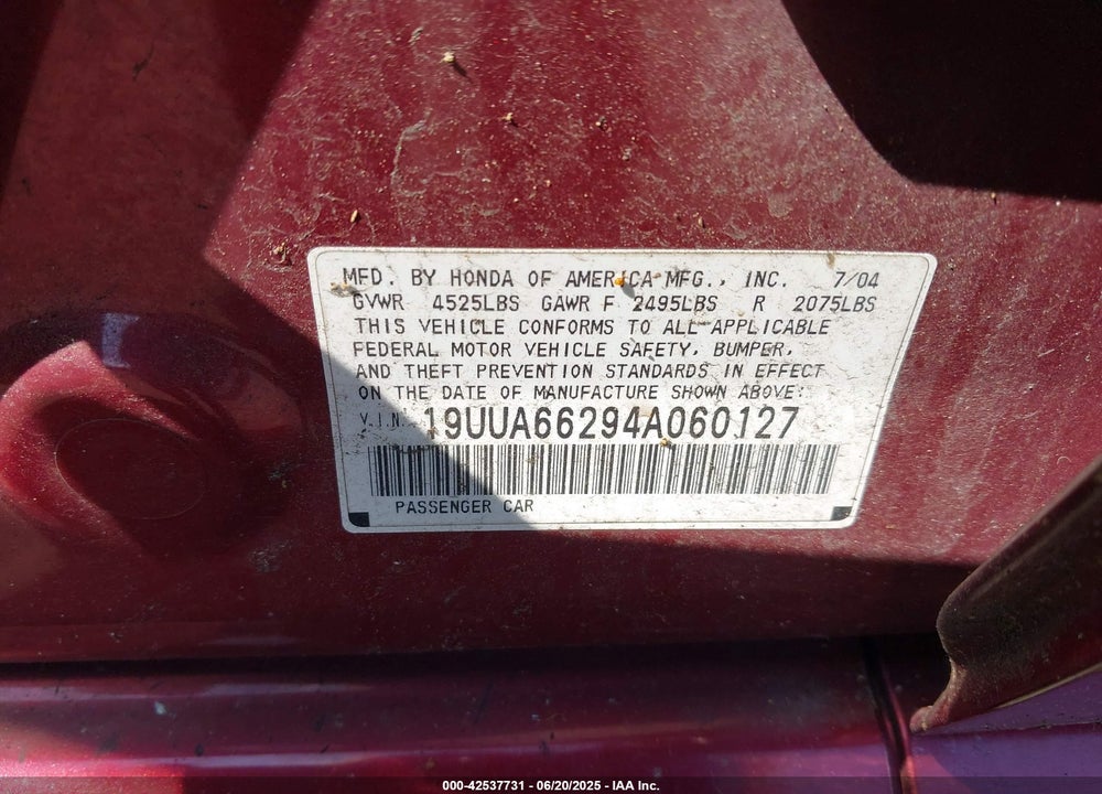 2004 ACURA TL VIN: 19UUA66294A060127
