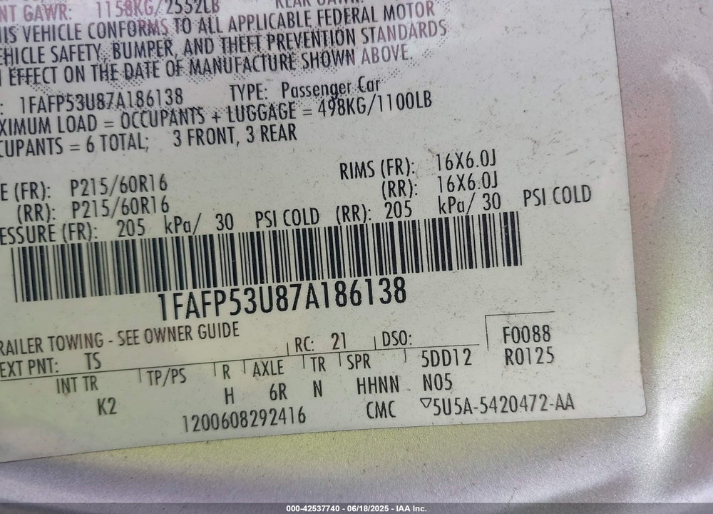 2007 FORD TAURUS SE VIN: 1FAFP53U87A186138