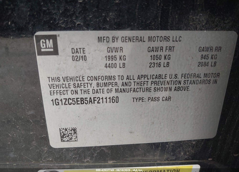 2010 CHEVROLET MALIBU VIN: 1G1ZC5EB5AF211160