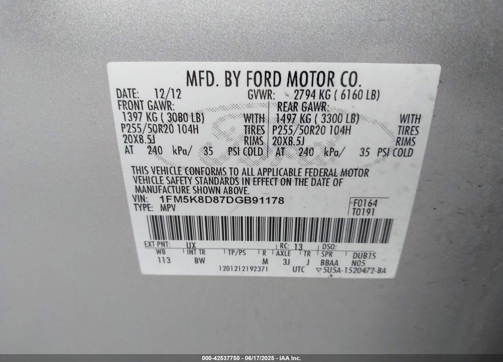 2013 FORD EXPLORER XLT VIN: 1FM5K8D87DGB91178