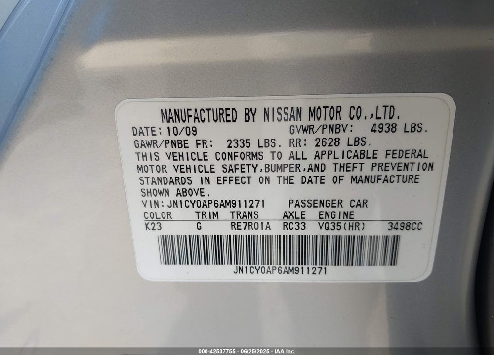 2010 INFINITI M35 VIN: JN1CY0AP6AM911271