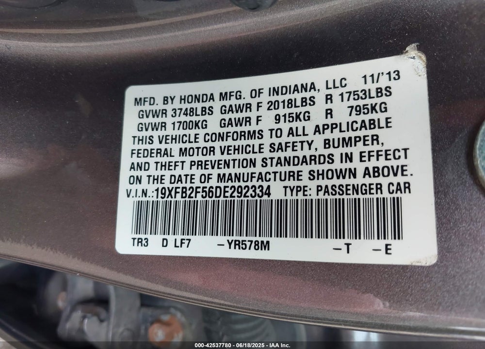 2013 HONDA CIVIC LX VIN: 19XFB2F56DE292334
