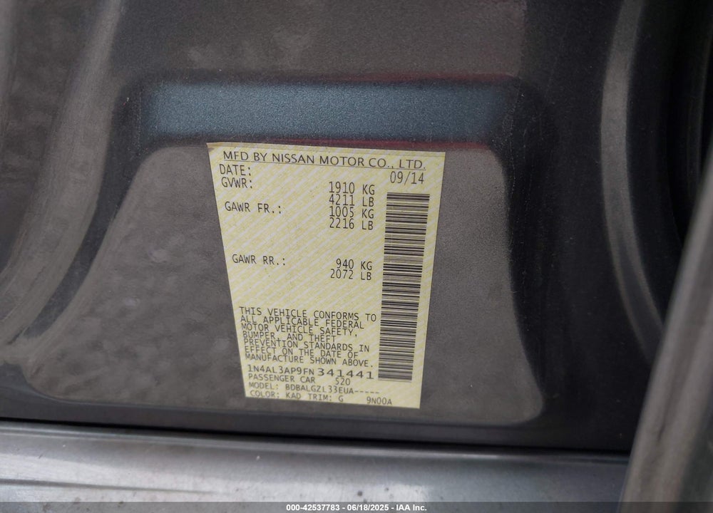 2015 NISSAN ALTIMA VIN: 1N4AL3AP9FN341441