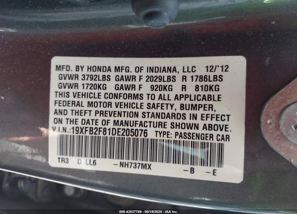 2013 HONDA CIVIC VIN: 19XFB2F81DE205076