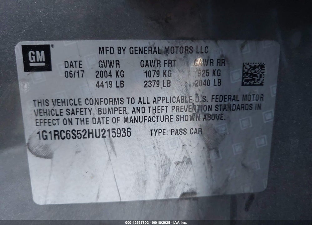 2017 CHEVROLET VOLT VIN: 1G1RC6S52HU215936