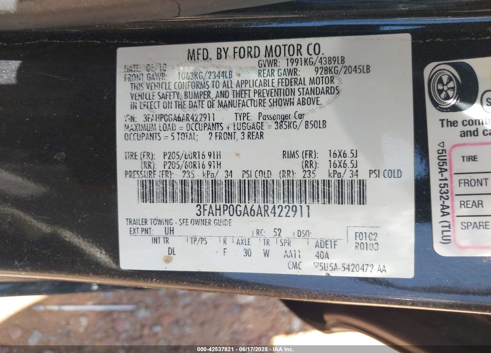 2010 FORD FUSION VIN: 3FAHP0GA6AR422911