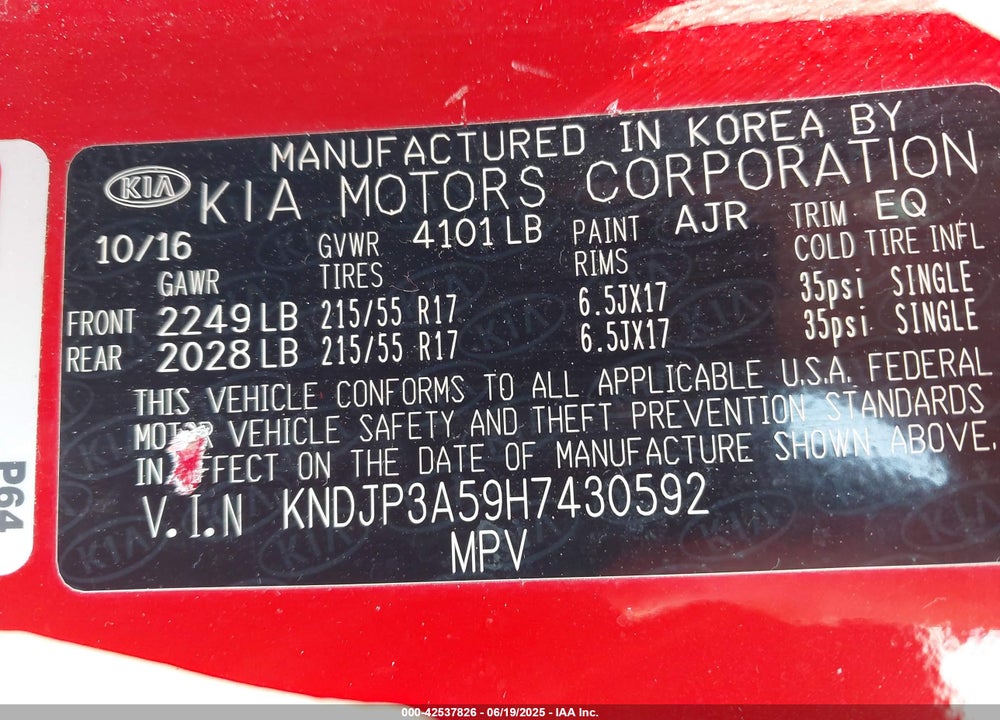 2017 KIA SOUL VIN: KNDJP3A59H7430592
