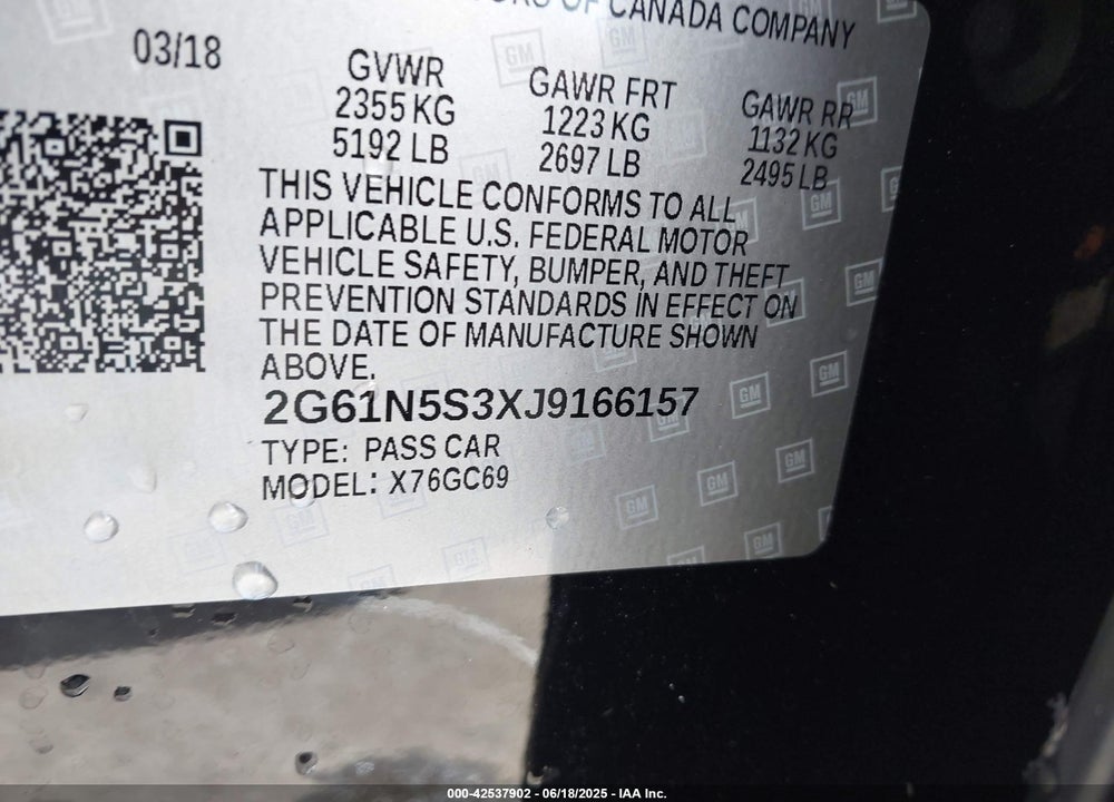 2018 CADILLAC XTS VIN: 2G61N5S3XJ9166157