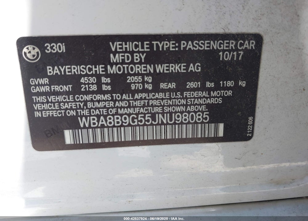 2018 BMW 330I VIN: WBA8B9G55JNU98085